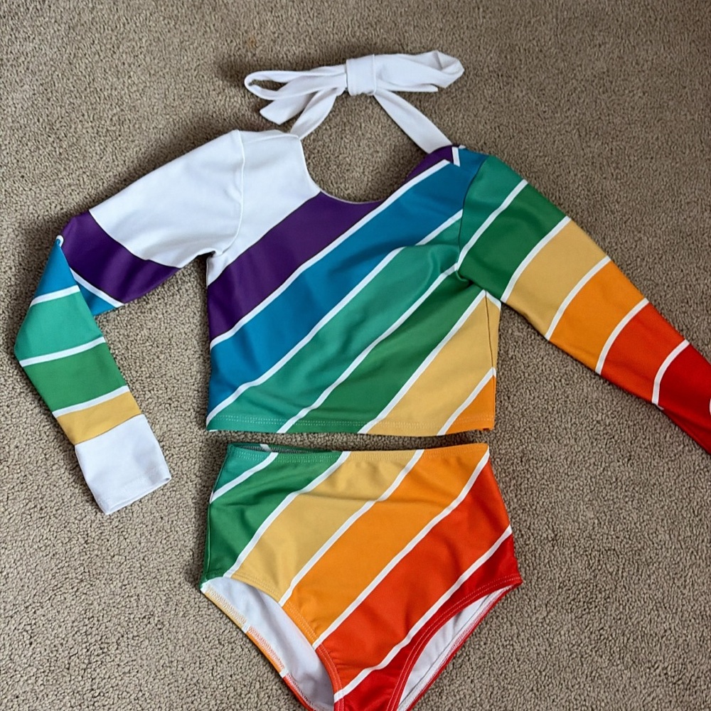 Kids Rainbow Striped Long-Sleeve Bikini Set - White Accent